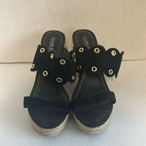 Charles by Charles David Wedge Espadrille Sandals Black Suede with Grommets Sz11